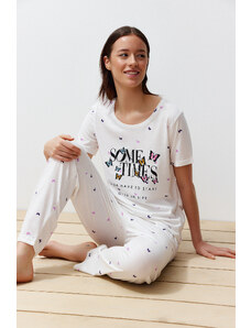 Trendyol Ecru Cotton Butterfly Patterned Knitted Pajamas Set