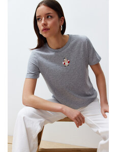 Trendyol Gray Melange Embroidered Regular/Normal Pattern Knitted T-Shirt