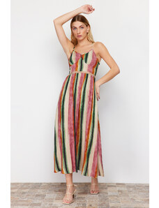 Trendyol Pink A-Line Accessory Stripe Detailed Patterned Woven Maxi Dress