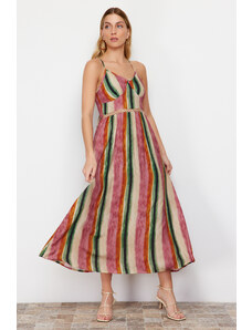Trendyol Pink A-line Accessory Stripe Detailed Patterned Maxi Woven Dress
