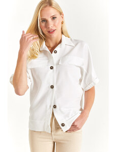 armonika Women's White Bat Sleeve Pocket Detailed Shirt