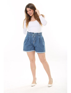 Şans Women's Plus Size Blue Waist Tunnel Laced Pleated Denim Shorts