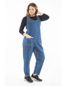 Şans Women's Plus Size Blue V-Neck Pocket Denim Jumpsuit