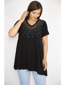 Şans Women's Black Plus Size Stone Embroidered V-Neck Short Sleeve Blouse