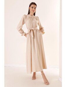 By Saygı Belted Waist Linen Effect Long Dress with Side Pockets