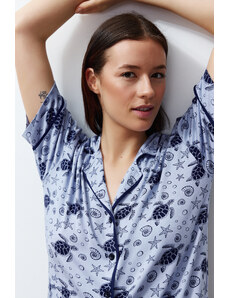 Trendyol Blue Patterned Knitted Pajamas Set with Piping Detail