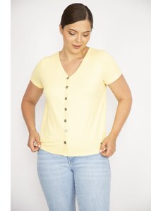 Şans Women's Yellow Plus Size V-Neck Front Decorative Buttoned Camisole Fabric Short Sleeve Blouse