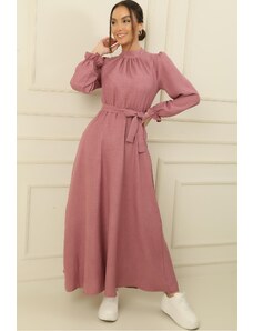 By Saygı Belted Waist Linen Effect Long Dress with Side Pockets