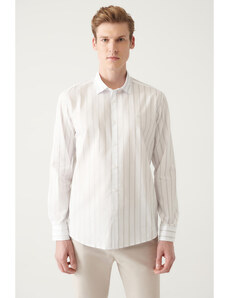 Avva Men's Grey-white 100% Cotton Striped Classic Collar Regular Fit Poplin Shirt