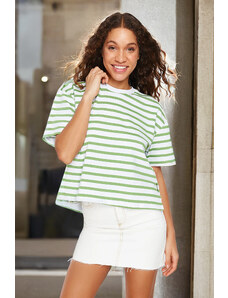 Trendyol Green Striped 100% Cotton Asymmetrical Loose/Relaxed Cut Knitted T-Shirt