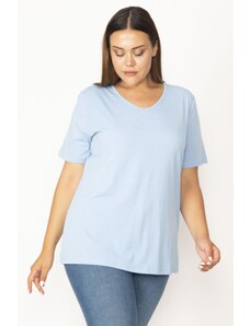 Şans Women's Plus Size Blue Cotton V-Neck Short Sleeve Blouse