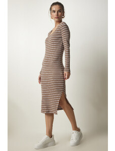Happiness İstanbul Women's Mink Striped Slit Wrap Knitted Dress