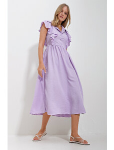 Trend Alaçatı Stili Women's Lilac Shirt Collar Half Pop Ruffle Detail Hidden Zipper Midi Length Dress