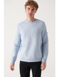 Avva Men's Light Blue Crew Neck 3 Thread Fleece Inside Printed Standard Fit Regular Cut Sweatshirt