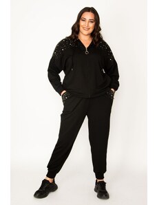 Şans Women's Plus Size Black Pearl Detailed Hooded Tracksuit