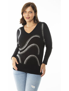 Şans Women's Plus Size Black Stone Detailed V-Neck Long Sleeve Blouse