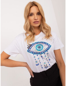 Fashionhunters Bílé bavlněné tričko s barevnými flitry