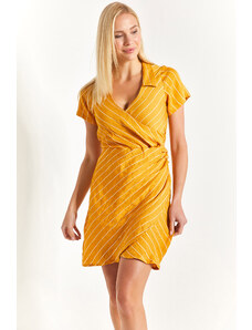 armonika Women's Mustard Double Breasted Collar Wrapped Dress
