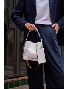 Madamra Women's White Lauro Top Stitched Wallet Bucket Women's Bag -