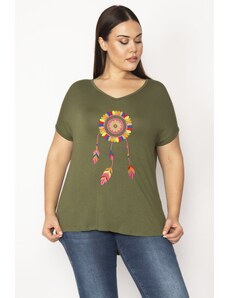 Şans Women's Plus Size Khaki Embroidery Detailed V-neck Low-Sleeve Blouse