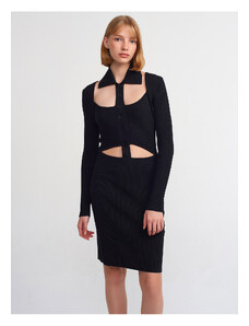Dilvin 90143 Polo Neck Buttoned Knitwear Dress-Black