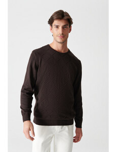 Avva Men's Brown Crew Neck Jacquard Sweater