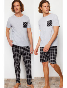 Trendyol 3-Piece Black Plaid Patterned Regular Fit Knitted Pajamas Set
