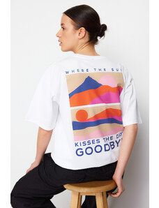 Trendyol White Premium Oversize/Wide Cut Crew Neck Slogan Printed Knitted T-Shirt