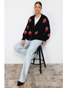 Trendyol Black Soft Textured Strawberry Embroidered Knitwear Cardigan