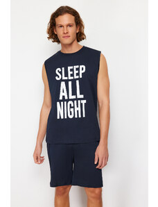 Trendyol Navy Blue Slogan Printed Regular Fit Pajama Set with Knitted Shorts