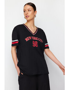 Trendyol Black 100% Cotton Knitwear Strip Detail Slogan Printed Oversize/Large Knitted T-Shirt