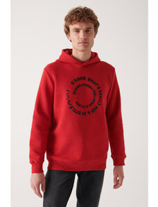 Avva Men's Red Hooded 3-Thread Fleece Printed Regular Fit Sweatshirt