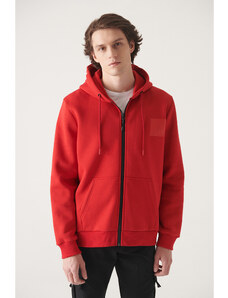 Avva Men's Red Hooded 3 Thread Fleece Printed Zippered Standard Fit Regular Fit Sweatshirt