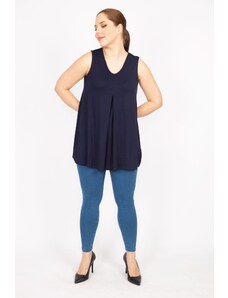 Şans Women's Navy Blue Plus Size Front A Pleated Blouse
