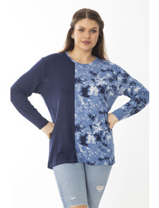 Şans Women's Plus Size Navy Blue Crew Neck Patterned Blouse