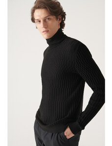 Avva Men's Black Full Turtleneck Knit Detail Cotton Slim Fit Slim Fit Knitwear Sweater
