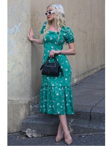 Madmext Green Floral Pattern Balloon Sleeve Midi Dress