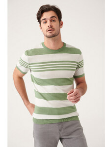 Avva Men's Aquatic Green Crew Neck Ribbed Striped Slim Fit Slim Fit Sweater T-shirt