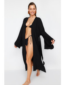 Trendyol Black Belted Maxi Woven Ruffled 100% Cotton Kimono&Kaftan