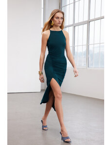 Trendyol Emerald Green Limited Edition Barbell Neck Draped Fitted Knitted Maxi Dress