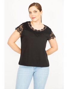 Şans Women's Black Plus Size Cotton Fabric Lace Detailed Blouse
