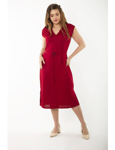 Şans Women's Plus Size Burgundy V-Neck Belted Waist Jersey Dress
