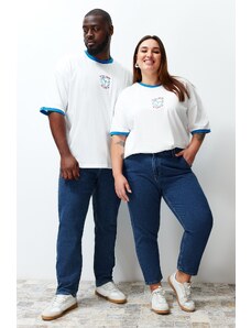 Trendyol Plus Size Ecru Unisex Oversize Comfy 100% Cotton Embroidered Color Block Couple T-Shirt