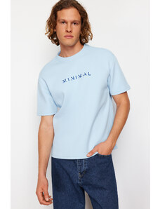 Trendyol Blue Relaxed/Comfortable Cut Fluffy Text Printed Short Sleeve T-Shirt with Solid Fabric