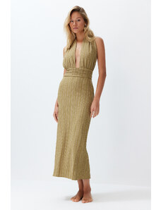 Trendyol Khaki Maxi Woven Back Low-cut Linen Blended Beach Dress