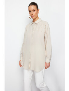 Trendyol Stone Pearl Detailed Cotton Woven Shirt