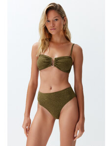 Trendyol Khaki Plain Strapless Accessory Glitter High Waist High Leg Brazilian Bikini Set
