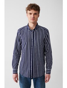 Avva Men's Navy Blue 100% Cotton Oxford Buttoned Collar Striped Regular Fit Shirt