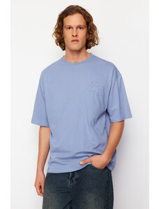 Trendyol Blue Oversize Relief Printed 100% Cotton T-Shirt