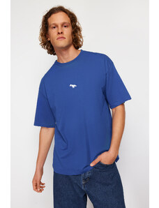 Trendyol Indigo Oversize/Wide-Fit Short Sleeve Dinosaur Embroidery 100% Cotton T-Shirt